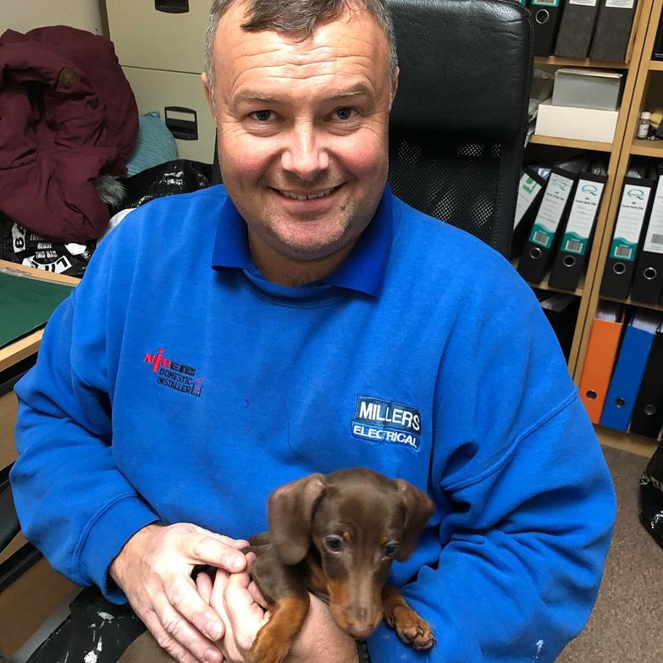 Owner of Millers Electrical in his uniform while holding a small puppy